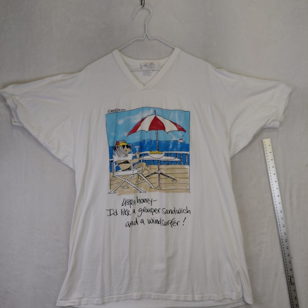 Vintage 1992 Emerson Listen Honey Grouper Sandwich Graphic T-Shirt White L/XL